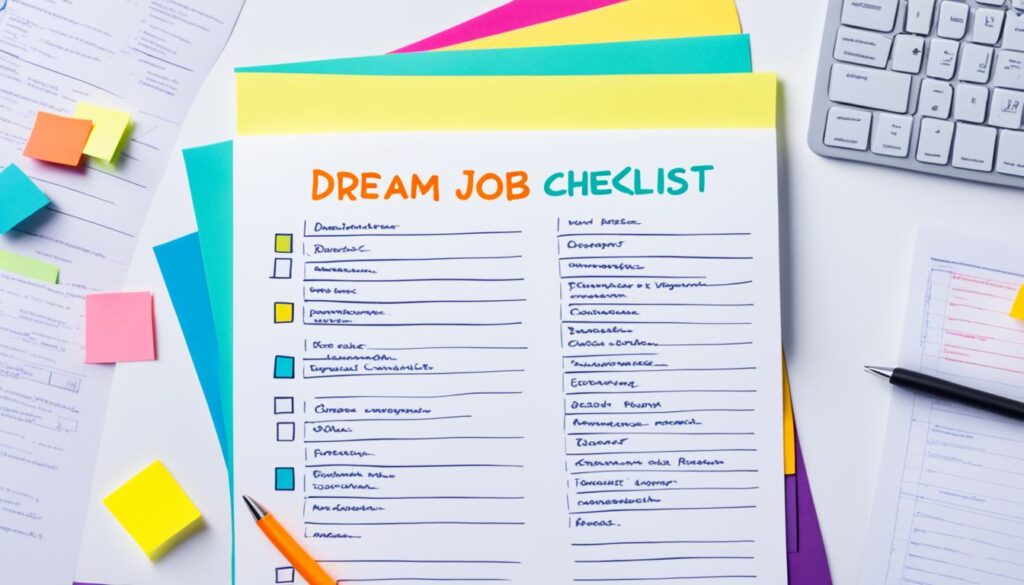 "A blank piece of paper with 'Dream Job Checklist' written at the top, surrounded by colorful sticky notes with action items such as 'Research companies', 'Update resume', 'Network with industry professionals', and 'Visualize success'."