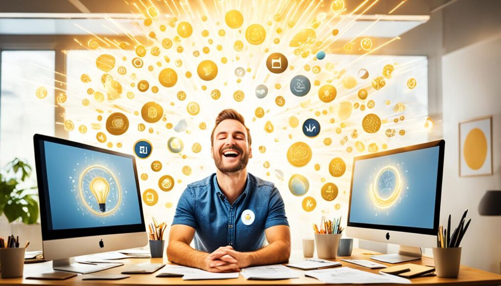 Visualize a person sitting at a desk with their eyes closed, surrounded by golden light and positive energy. The room around them is filled with images of their ideal job, including the company logo, job title, and salary. Above their head, a glowing manifestation symbol represents their thoughts and desires being transformed into reality.